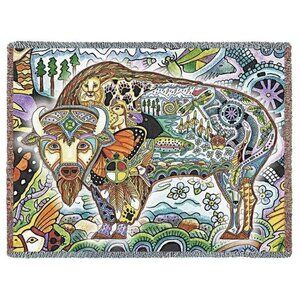 New Bison Buffalo Northwest Woven Cotton Afghan Throw Blanket Native American